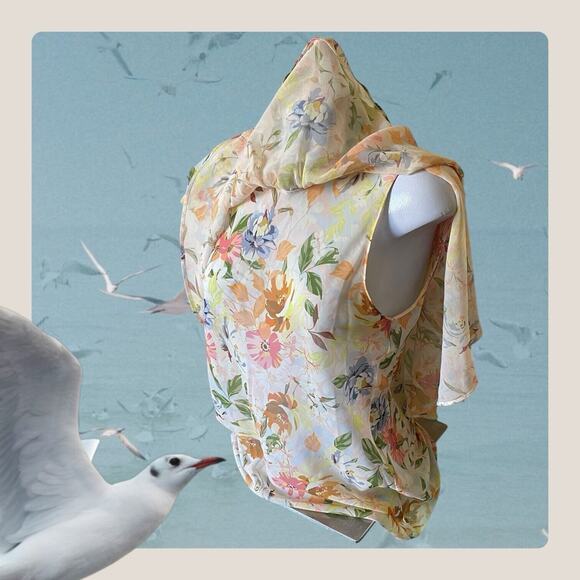 ZARA Floral Cape Blouse Top Womens Small Yellow Peach Short Sleeve Chiffon Sheer - Picture 12 of 13